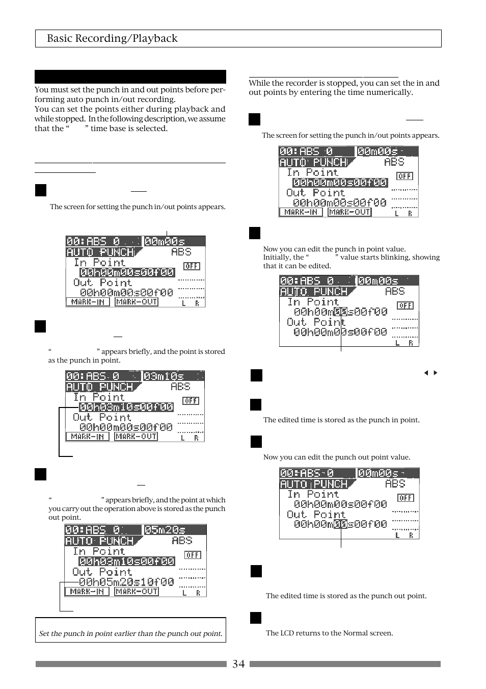 34 basic recording/playback, Auto punch in/out function | Fostex VF80 User Manual | Page 34 / 144