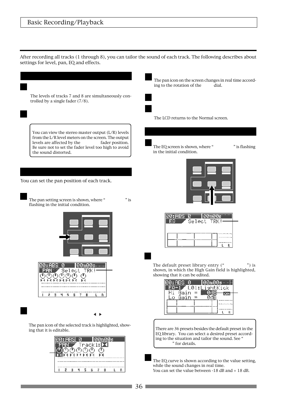 Mixing, 36 basic recording/playback, Adjusting levels | Setting pan position, Adjusting eq | Fostex VF80 User Manual | Page 36 / 144