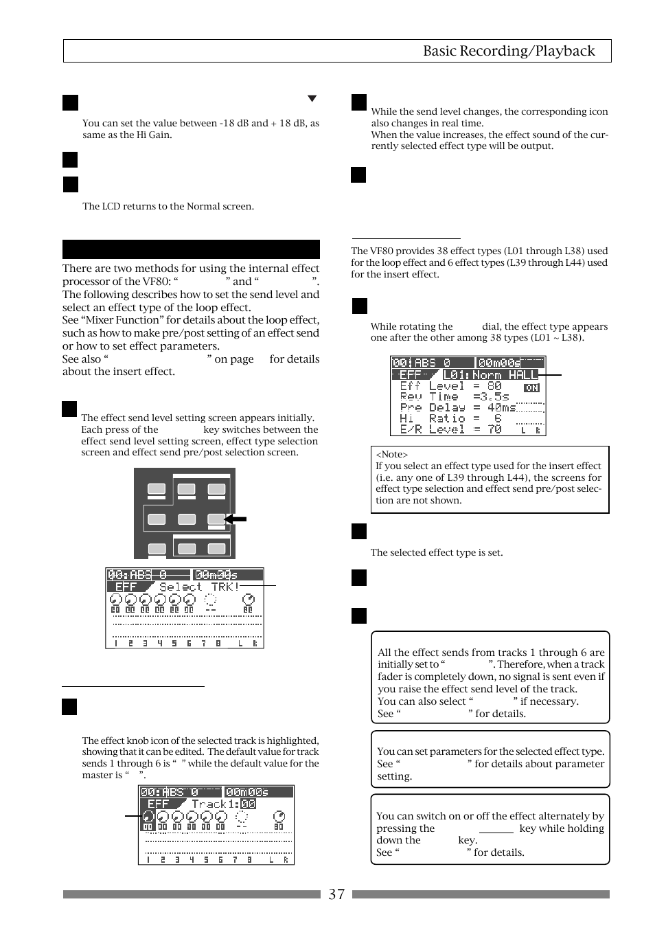 37 basic recording/playback, Setting effects, Effect send level setting | Effect type setting | Fostex VF80 User Manual | Page 37 / 144