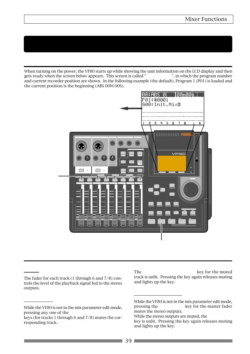 Mixer functions, Initial condition when turning on the power, Operations while the normal screen is shown | Fader, Track mute, Master fader mute, 39 mixer functions, Normal screen, Lighting in green lighting in orange | Fostex VF80 User Manual | Page 39 / 144