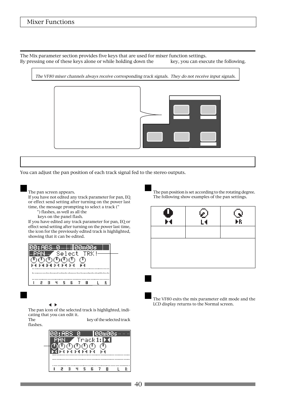 Adjusting pan positions, 40 mixer functions | Fostex VF80 User Manual | Page 40 / 144