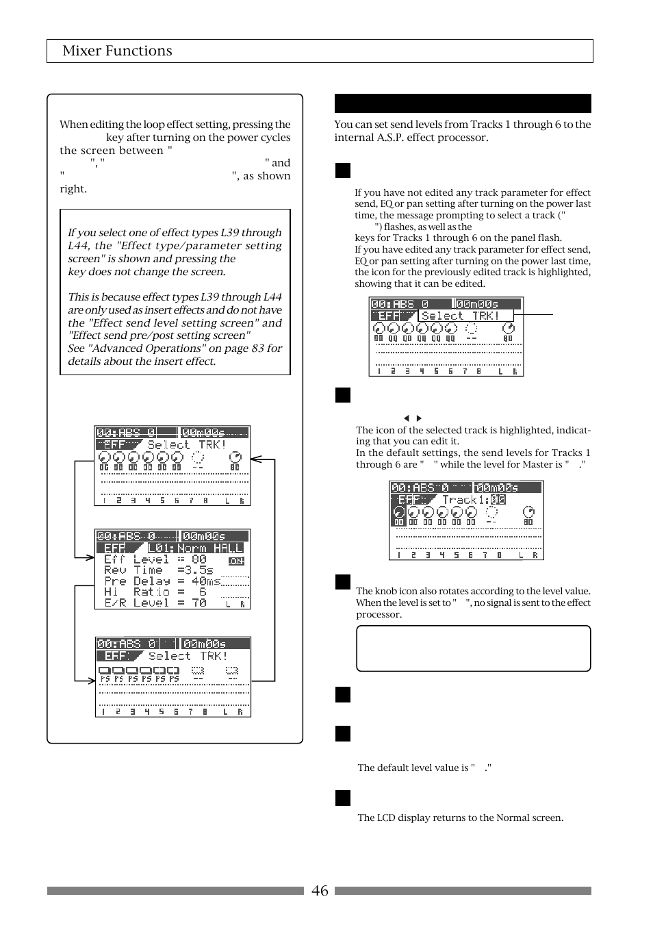 46 mixer functions, Setting effect send levels | Fostex VF80 User Manual | Page 46 / 144