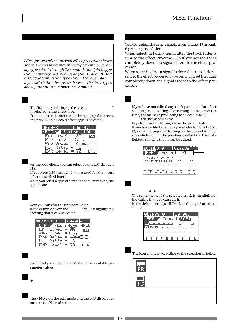 47 mixer functions, Selecting an effect type, Selecting pre/post of the effect send | Fostex VF80 User Manual | Page 47 / 144