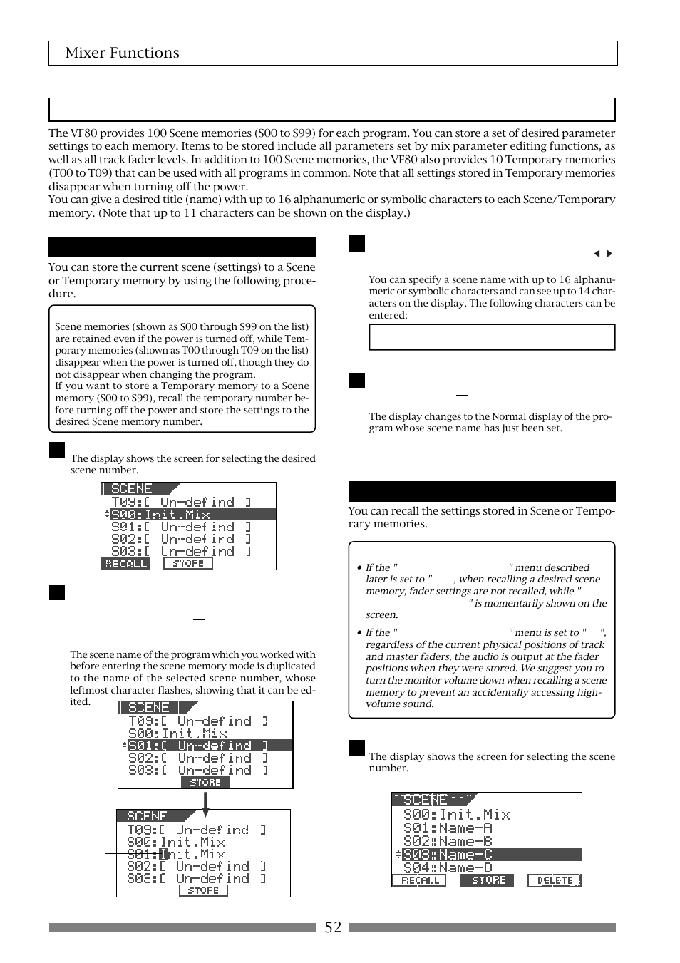 52 mixer functions, Storing the current scene, Recalling a scene | Fostex VF80 User Manual | Page 52 / 144