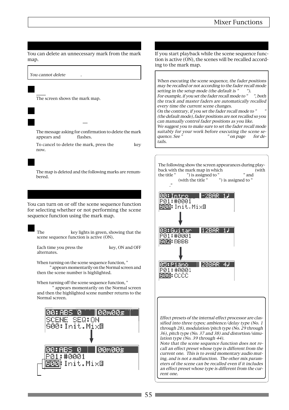 55 mixer functions, Deleting a mark from the mark map, Scene sequence on/off selection | Executing the scene sequence | Fostex VF80 User Manual | Page 55 / 144