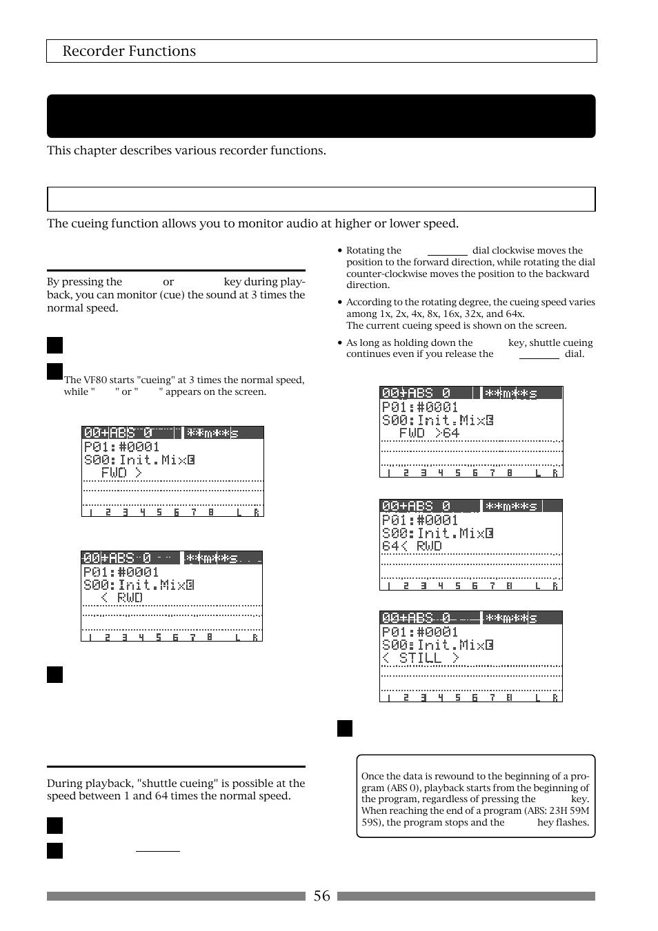 Recorder functions, Cueing, 56 recorder functions | Cueing with the [f fwd]/[rewind] keys, Shuttle cueing | Fostex VF80 User Manual | Page 56 / 144