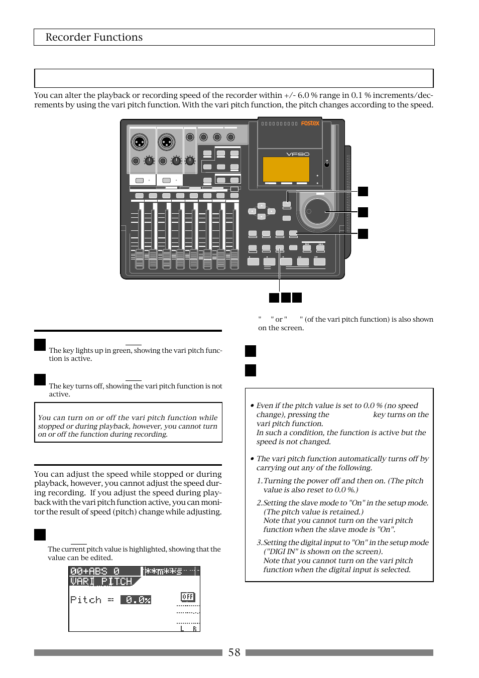 Vari pitch, 58 recorder functions, Turning on or off the vari pitch function | Setting the speed, Press the [vari pitch/edit] key, Press the [vari pitch/edit] key again | Fostex VF80 User Manual | Page 58 / 144