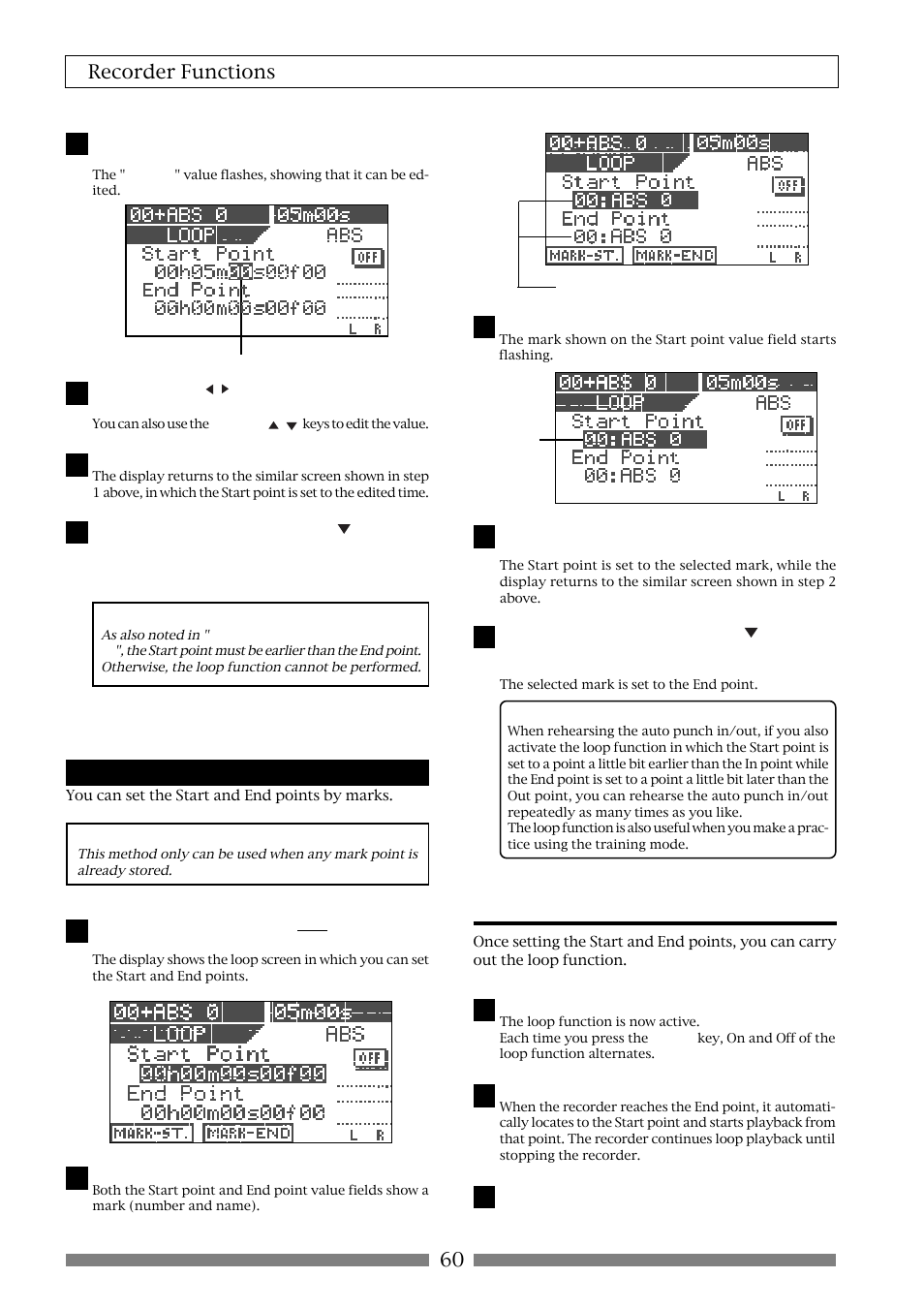 Carrying out the loop playback, 60 recorder functions, Setting the start and end points by marks | Fostex VF80 User Manual | Page 60 / 144