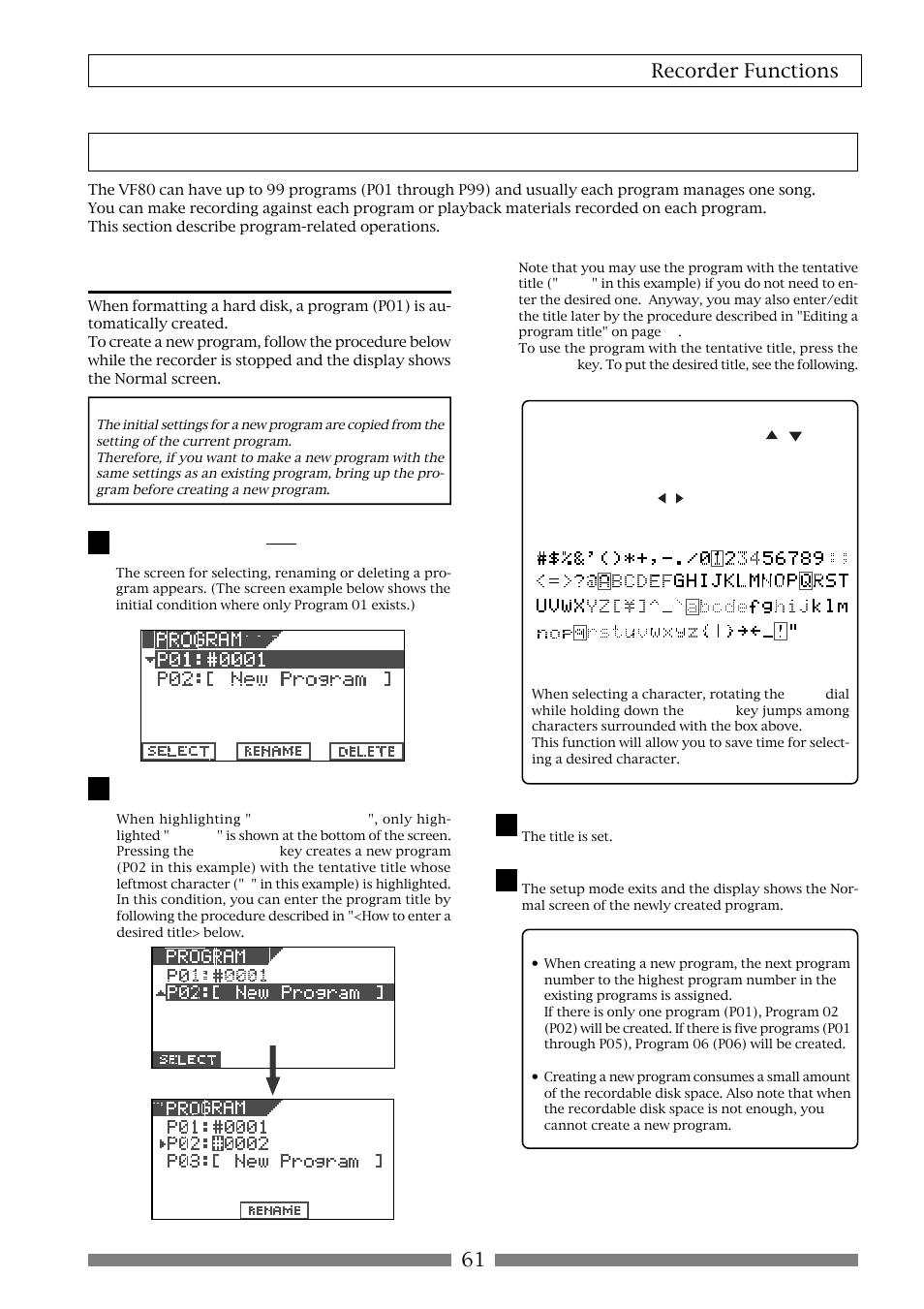 Program, Creating a new program, 61 recorder functions | Fostex VF80 User Manual | Page 61 / 144