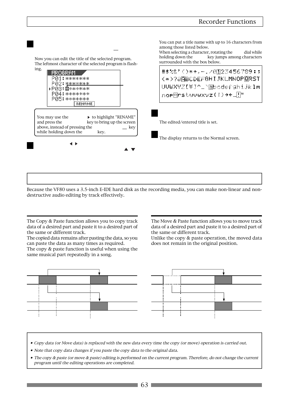 Track editing, Copy & paste, Move & paste | 63 recorder functions | Fostex VF80 User Manual | Page 63 / 144