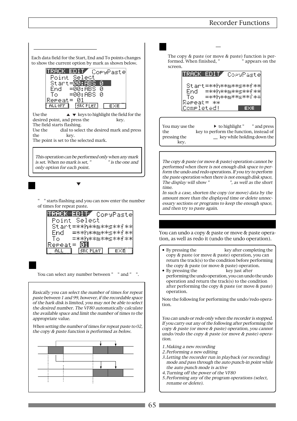 65 recorder functions, Undo/redo of copy & paste | Fostex VF80 User Manual | Page 65 / 144