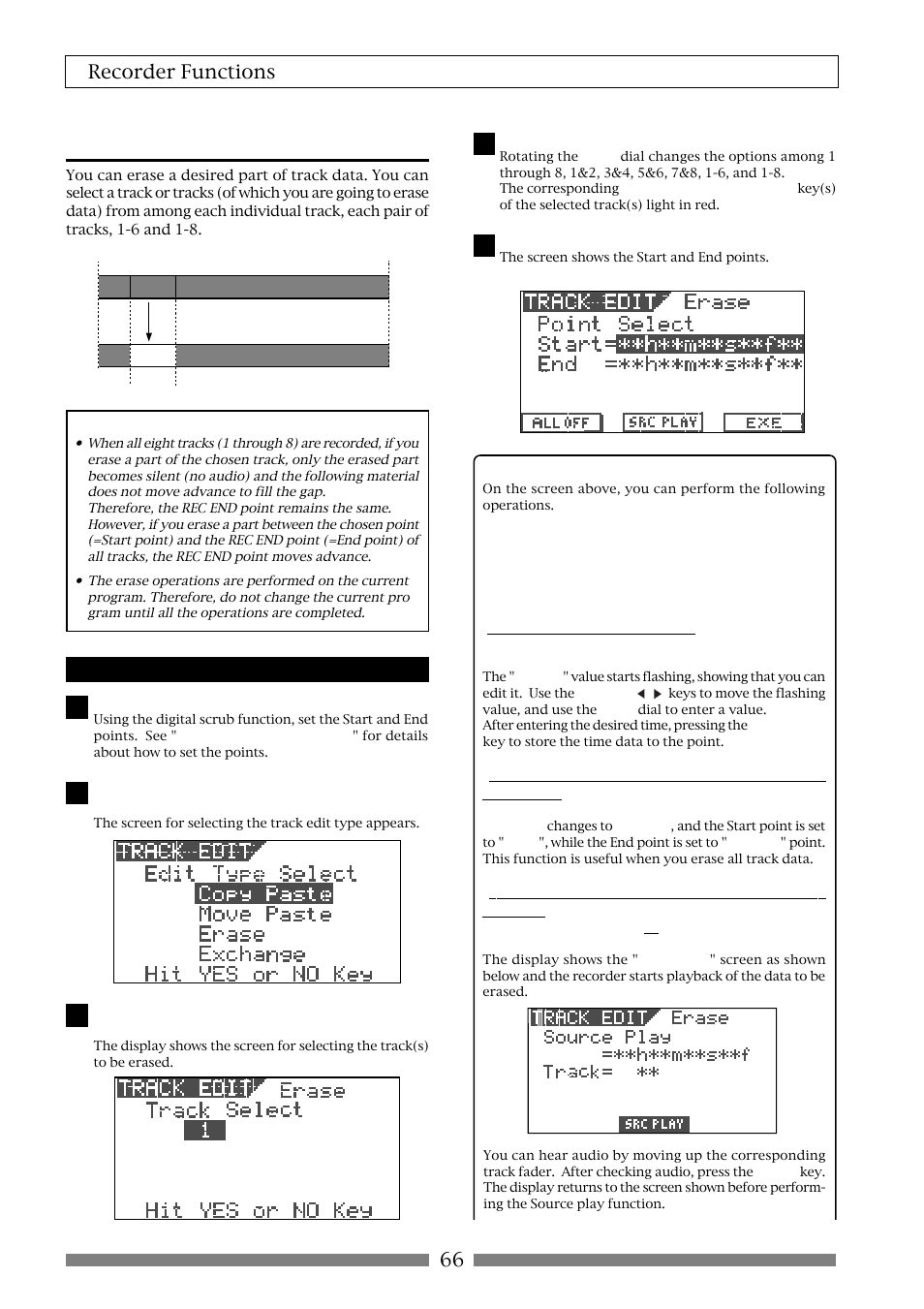 Erasing track data, 66 recorder functions, Erasing | Fostex VF80 User Manual | Page 66 / 144