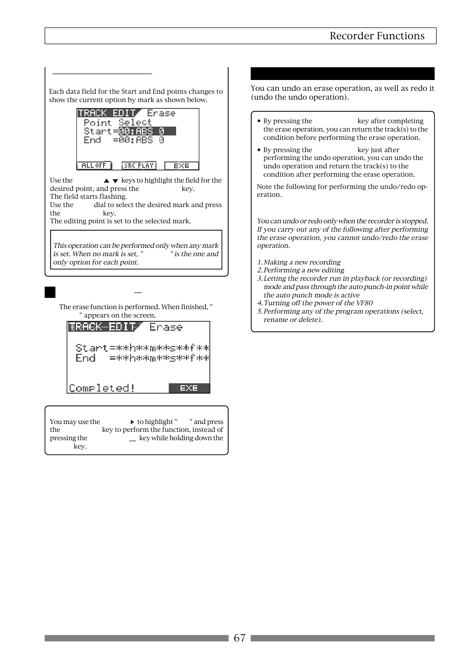 67 recorder functions, Undo/redo of erase | Fostex VF80 User Manual | Page 67 / 144