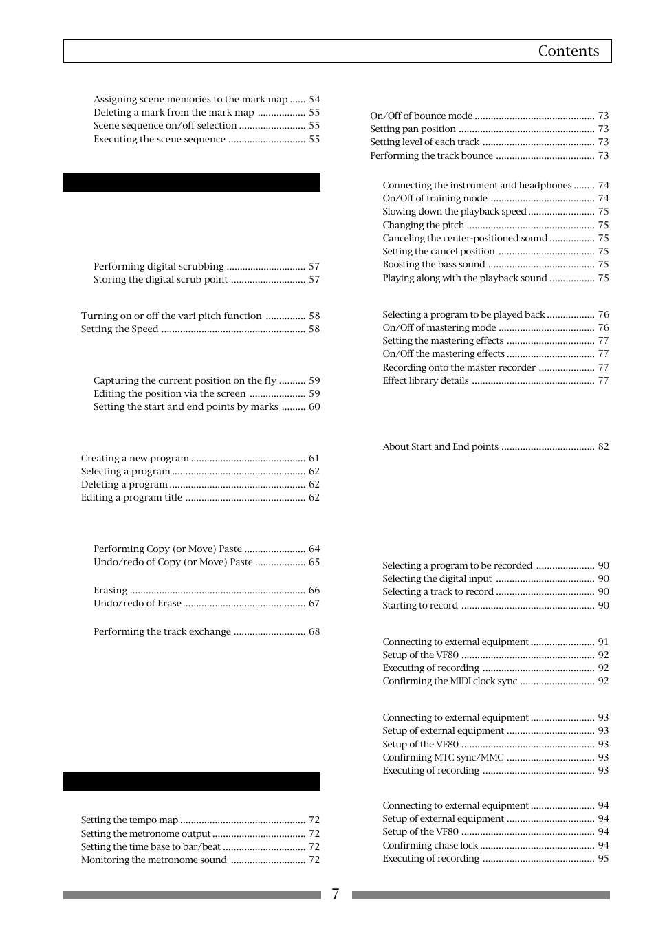 Contents 7, Recorder functions, Advanced operations | Fostex VF80 User Manual | Page 7 / 144