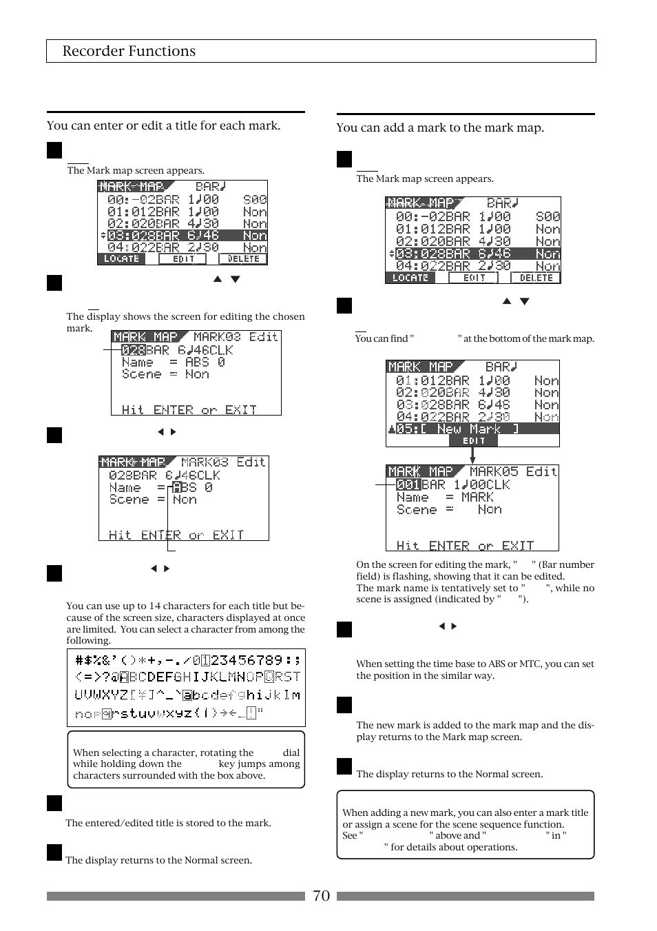 Enter a mark title, Adding a mark, 70 recorder functions | Fostex VF80 User Manual | Page 70 / 144