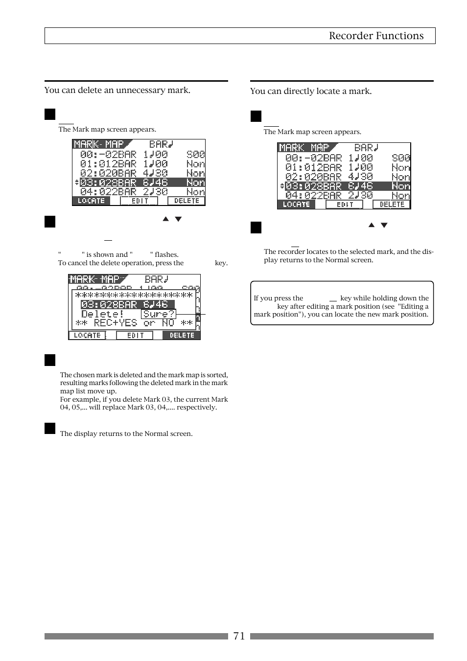 Deleting a mark, Locating a mark, 71 recorder functions | Fostex VF80 User Manual | Page 71 / 144