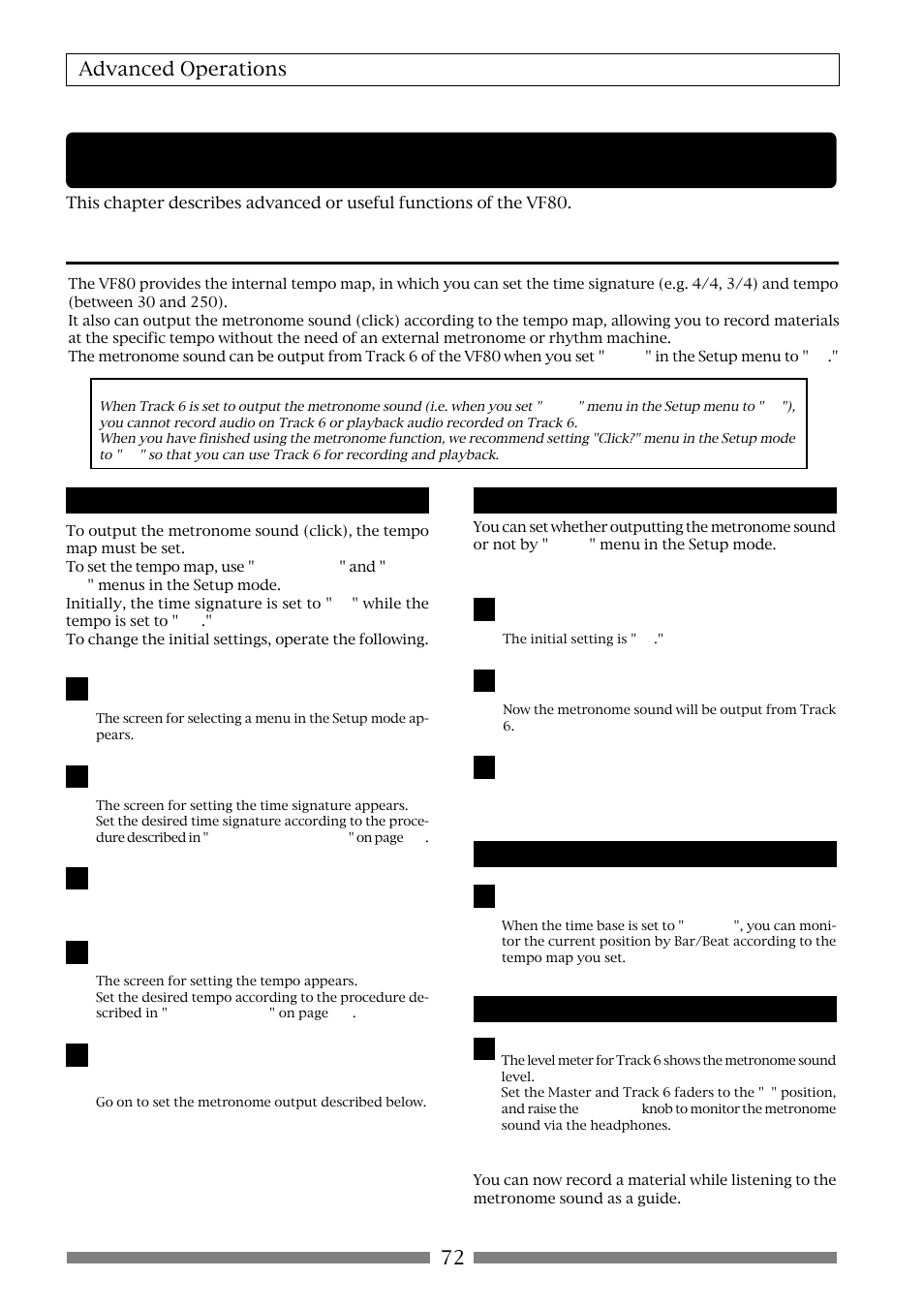 Advanced operations, Metronome function, 72 advanced operations | Setting the tempo map, Setting the metronome output, Setting the time base to bar/beat, Monitoring the metronome sound | Fostex VF80 User Manual | Page 72 / 144