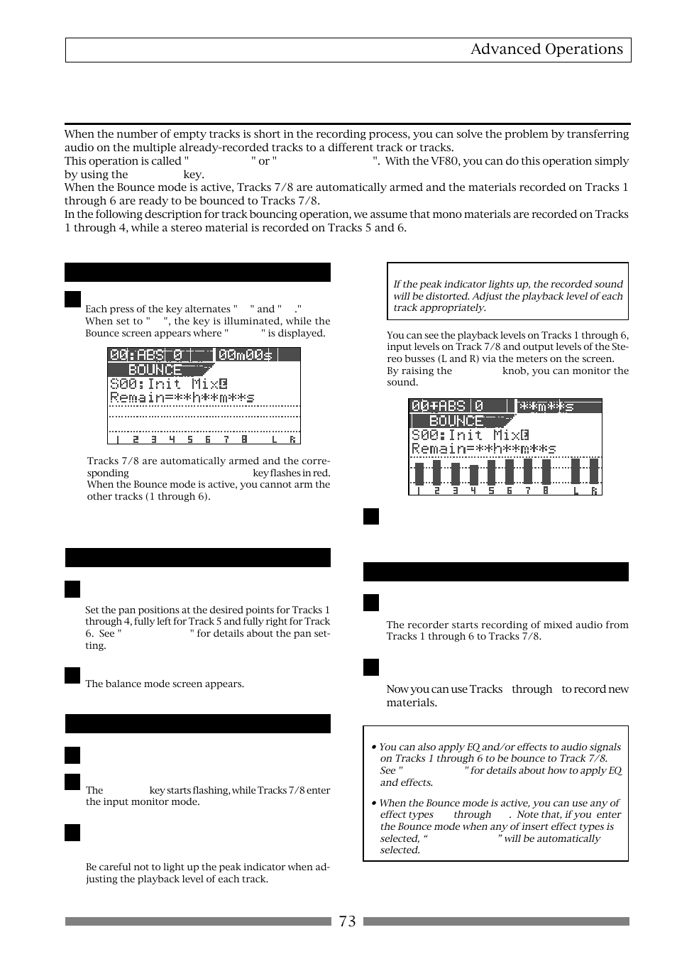 Track bounce (ping-pong recording), 73 advanced operations, On/off of bounce mode | Setting pan positions, Setting level of each track, Performing the track bounce | Fostex VF80 User Manual | Page 73 / 144