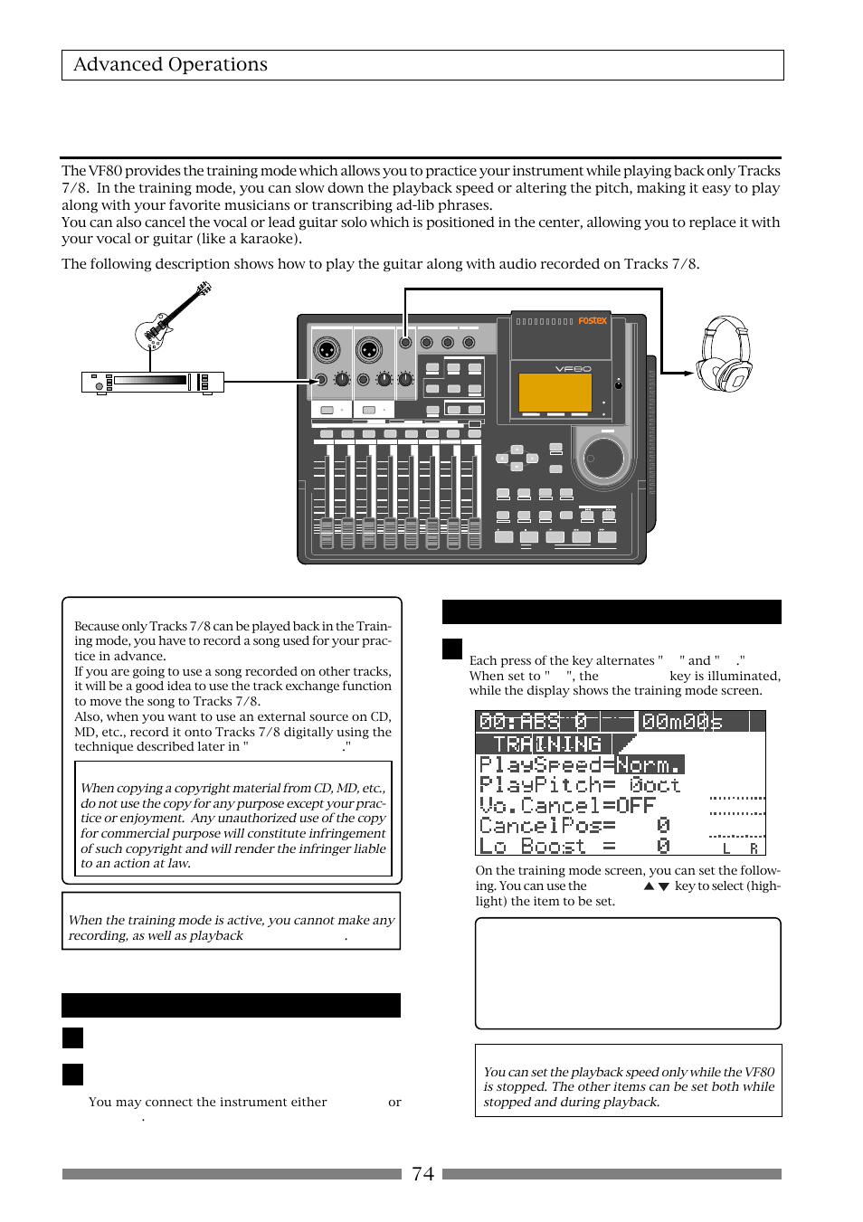 Training mode, 74 advanced operations, On/off of training mode | Connecting the instrument and headphones, Caution, Press the [training] key | Fostex VF80 User Manual | Page 74 / 144