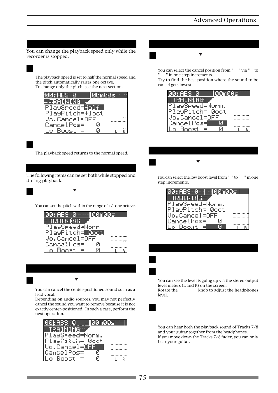 75 advanced operations, Slowing down the playback speed, Changing the pitch | Canceling the center-positioned sound, Setting the cancel position, Boosting the bass sound, Playing along with the playback sound | Fostex VF80 User Manual | Page 75 / 144