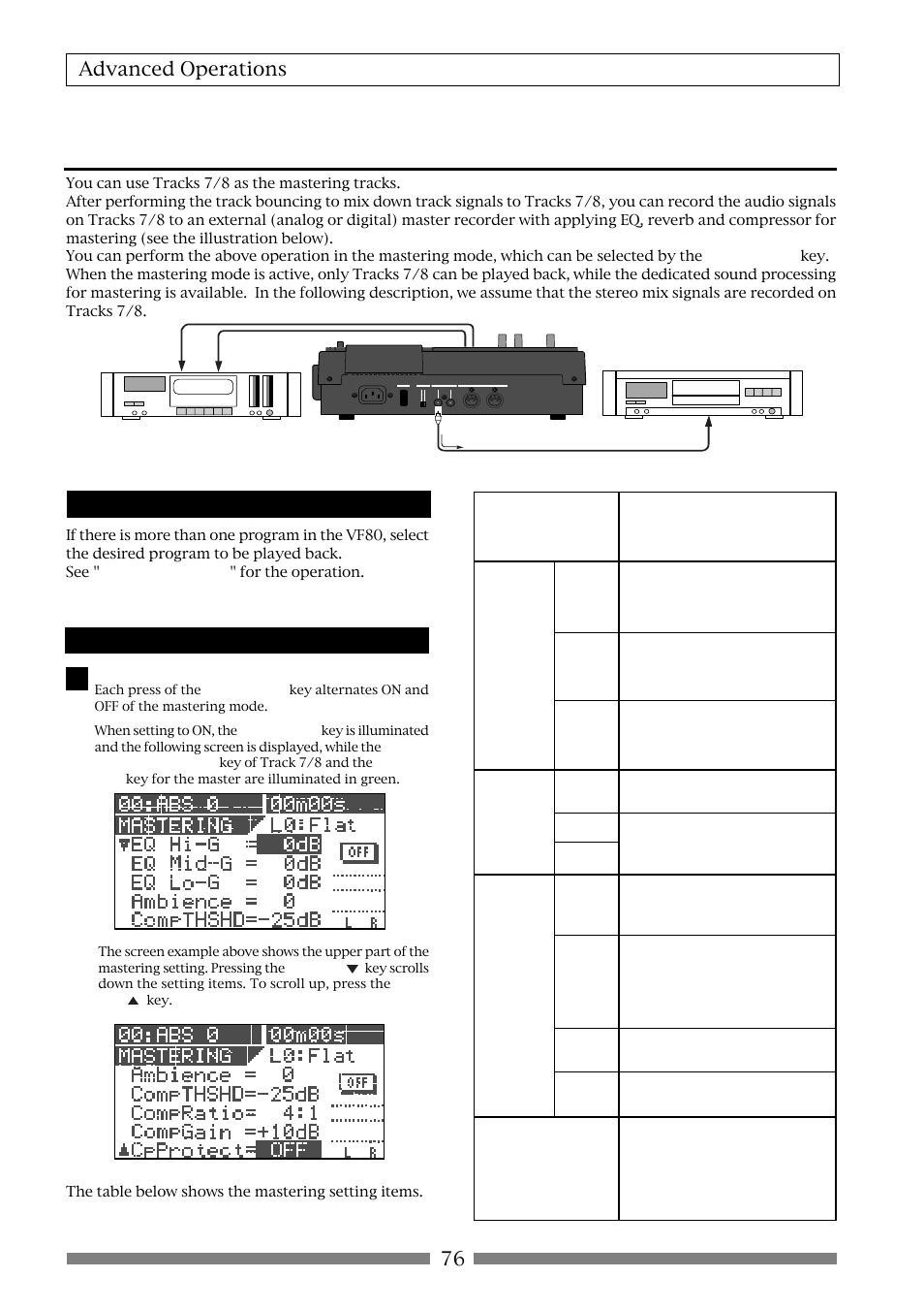 Mastering mode, 76 advanced operations, Selecting a program to be played back | On/off of mastering mode | Fostex VF80 User Manual | Page 76 / 144