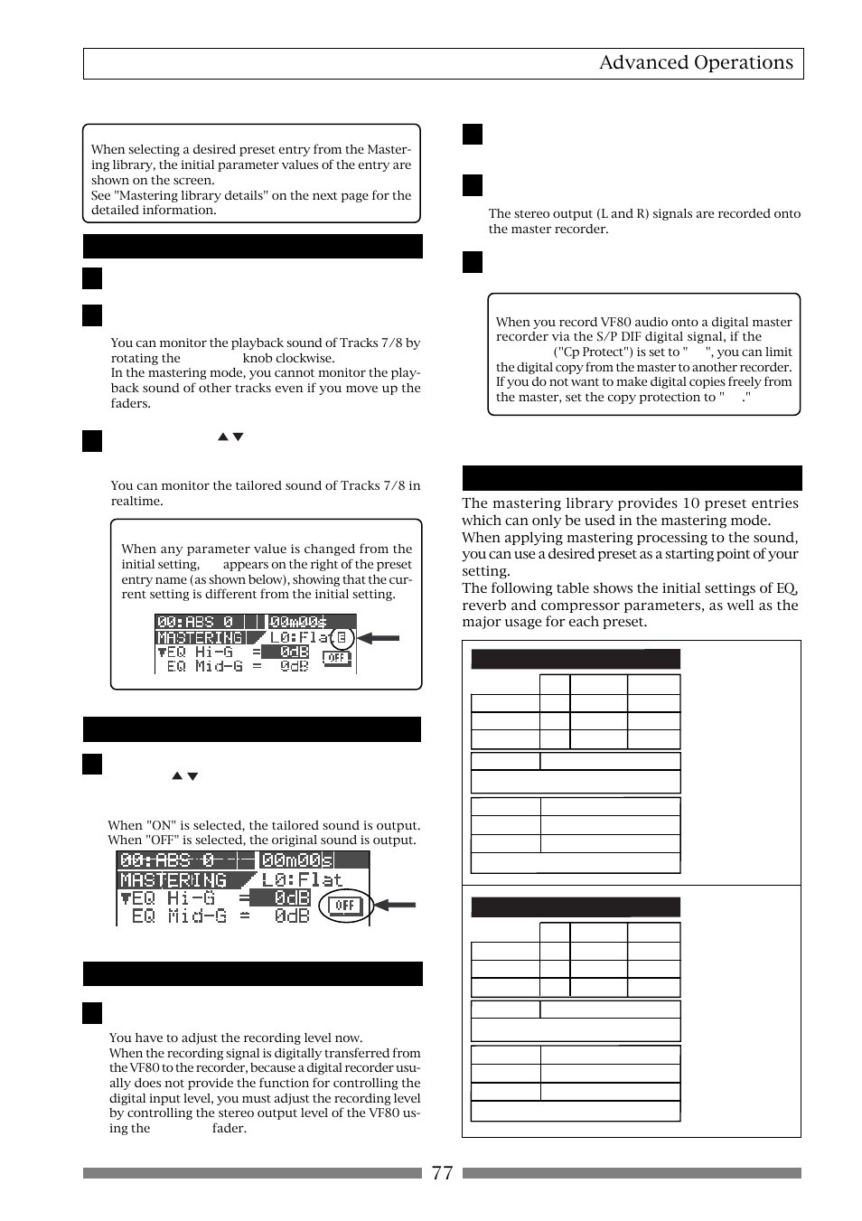 77 advanced operations, Setting the mastering parameters, On/off of the mastering processing | Recording onto the master recorder, Mastering library details | Fostex VF80 User Manual | Page 77 / 144