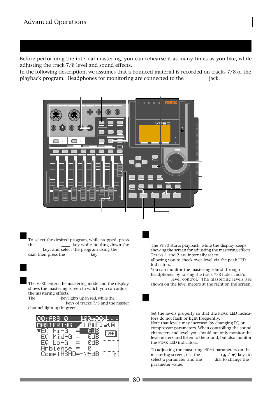 Rehearsing internal mastering, 80 advanced operations, Select the desired program for mastering | Fostex VF80 User Manual | Page 80 / 144