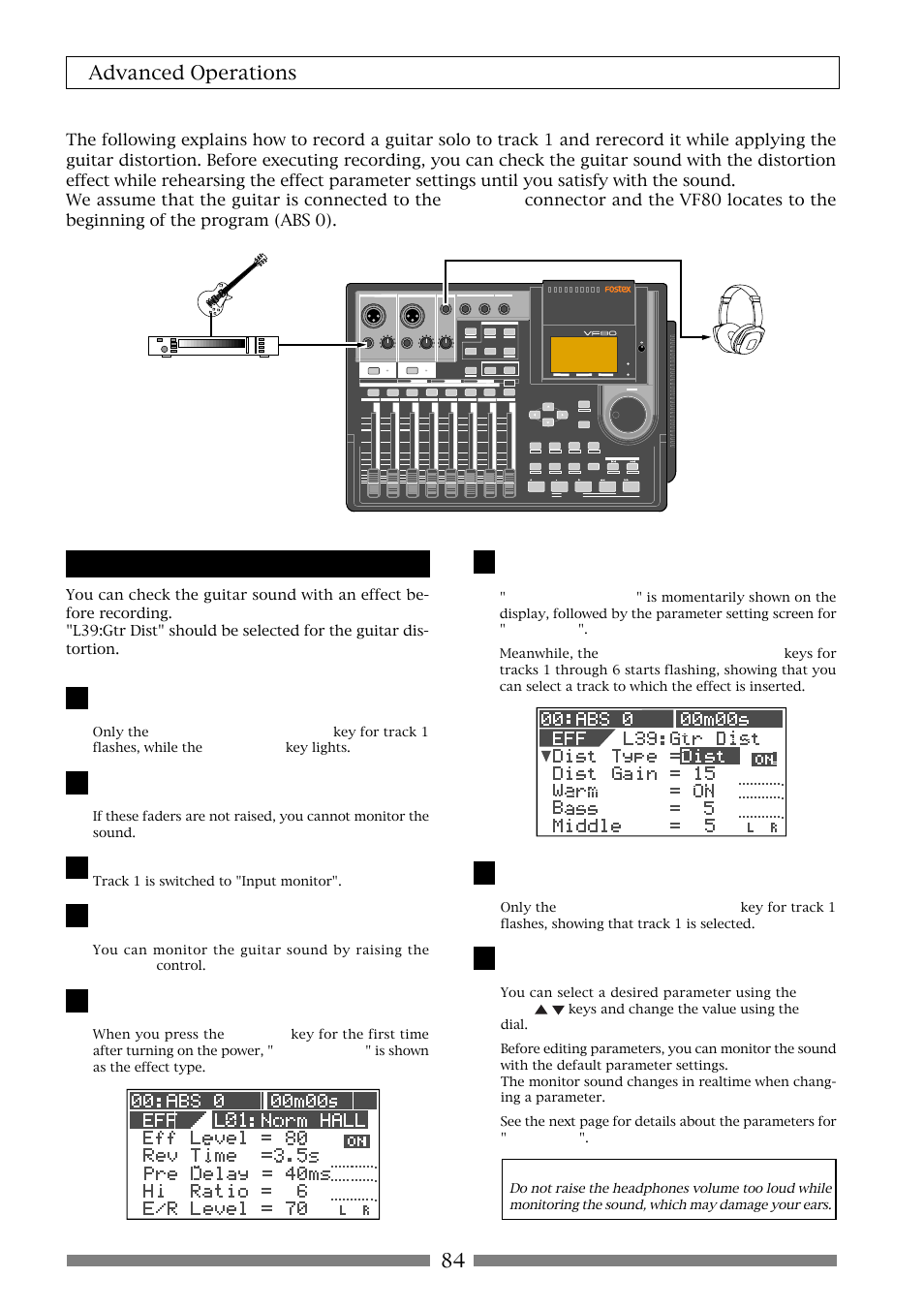 84 advanced operations, Rehearsal, Press the [record] key | Press the [track status/track sel] key for track 1, Caution, Track 1 is switched to "input monitor | Fostex VF80 User Manual | Page 84 / 144