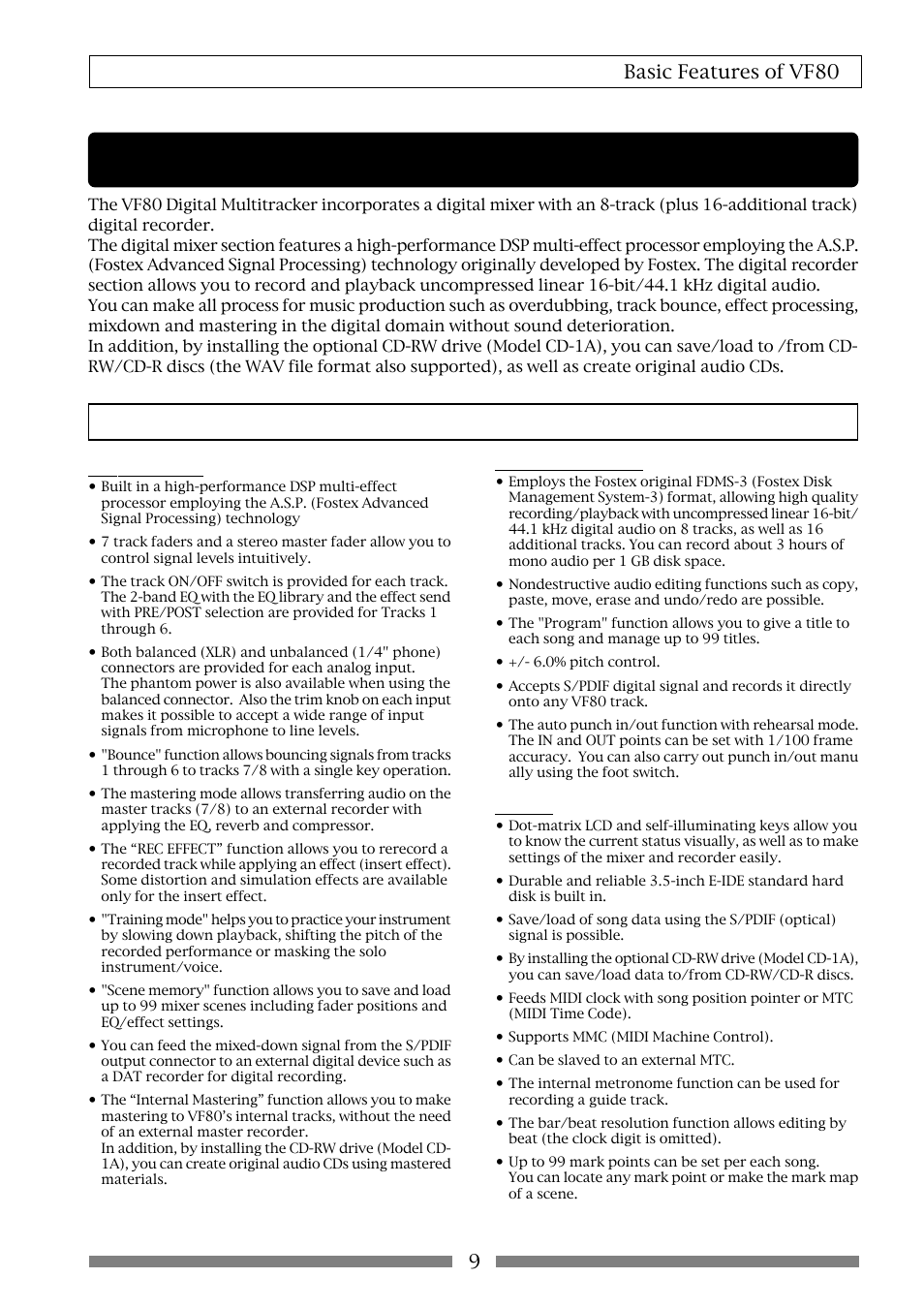 Basic features of vf80, Product features, 9basic features of vf80 | Others | Fostex VF80 User Manual | Page 9 / 144