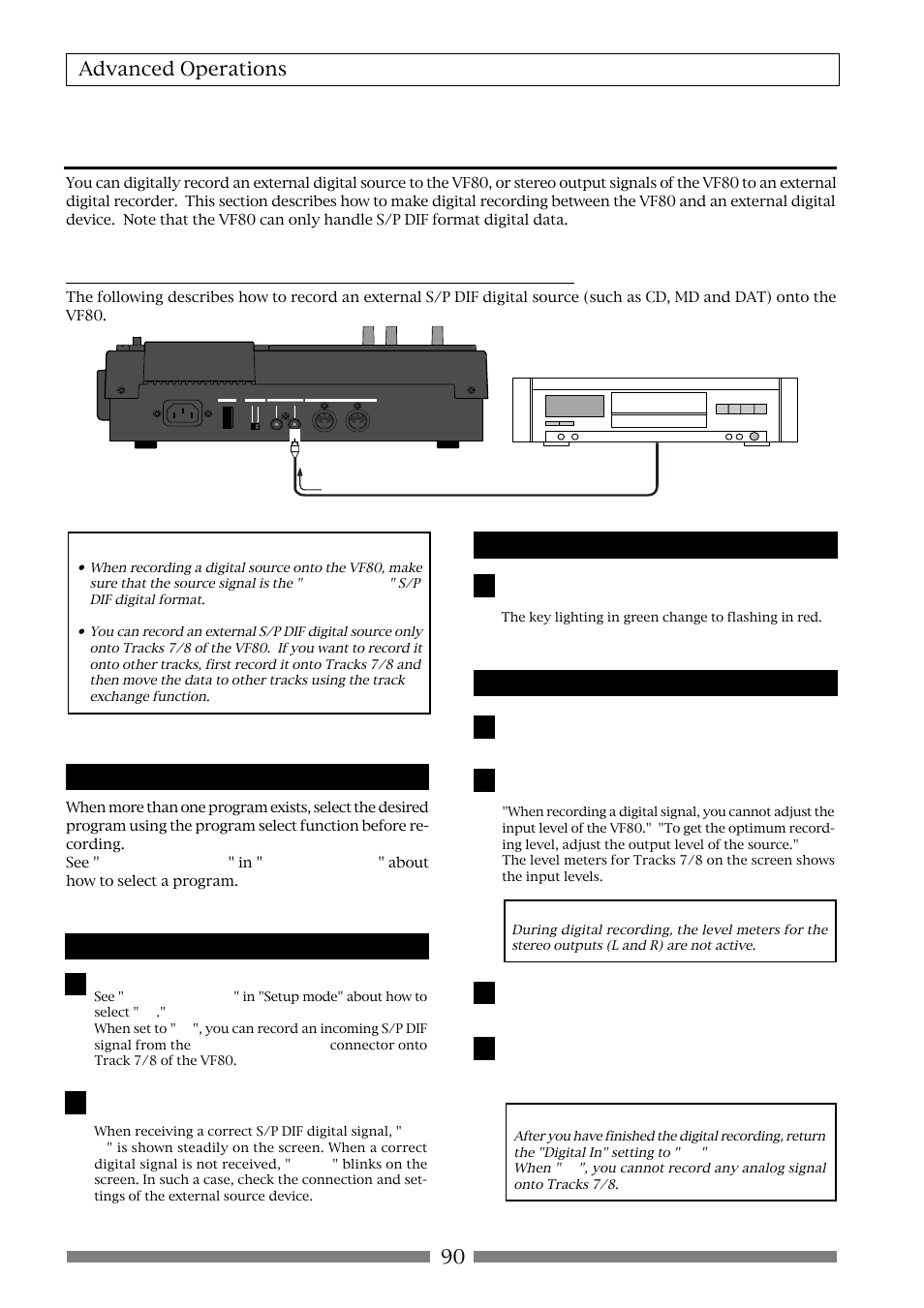 Digital recording, 90 advanced operations, Selecting a program to be recorded | Selecting the digital input, Selecting a track to record, Starting to record | Fostex VF80 User Manual | Page 90 / 144