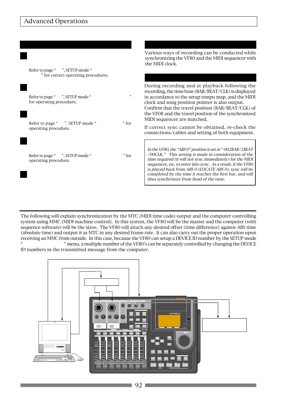 Mtc sync/midi machine control system, 92 advanced operations, Setup of the vf80 | Confirming the midi clock sync, Executing of recording, Midi sound source, Master recorder | Fostex VF80 User Manual | Page 92 / 144