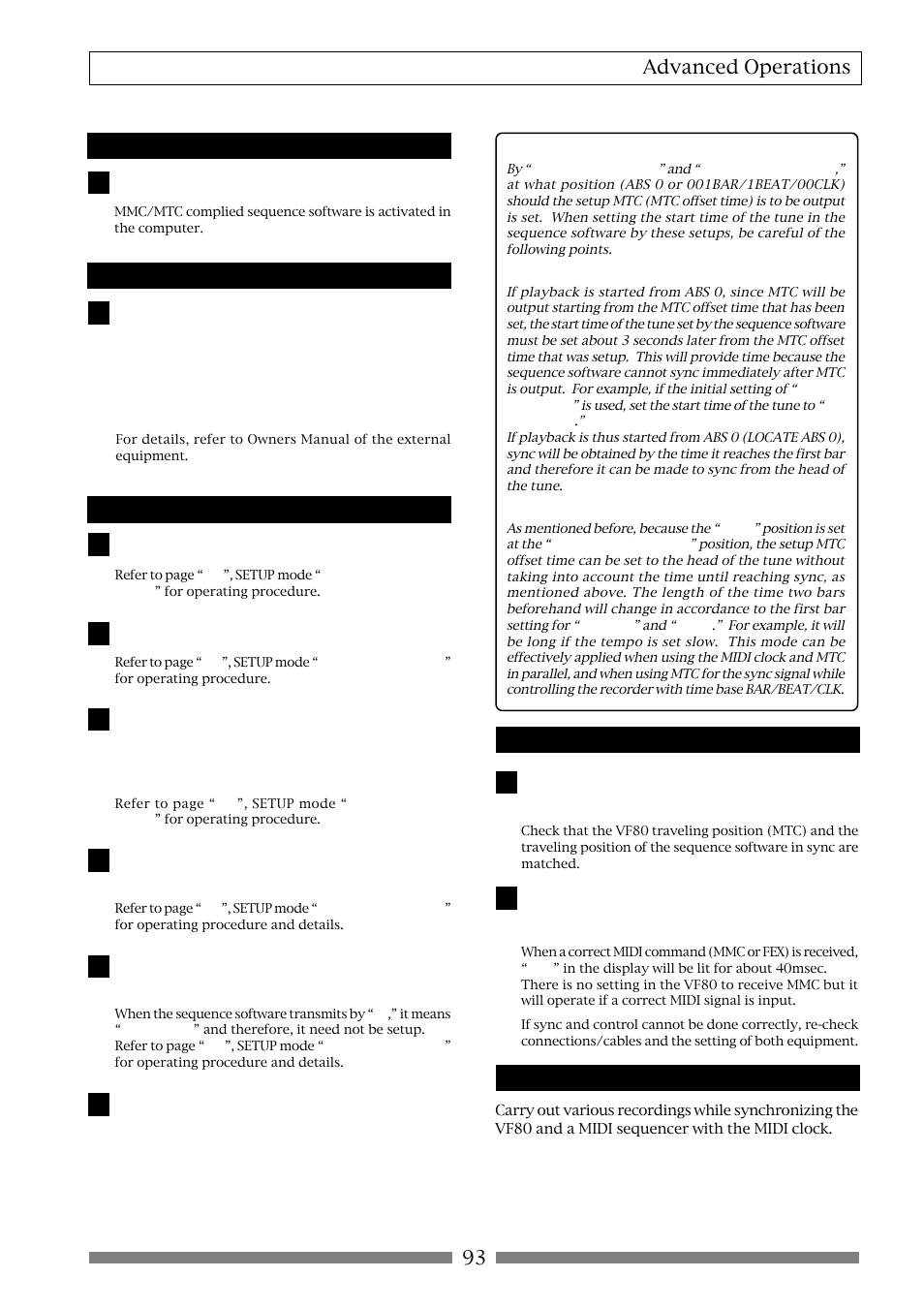 93 advanced operations, Connecting to external equipment, Setup of external equipment | Setup of the vf80, Confirming mtc sync/mmc, Execution of recording | Fostex VF80 User Manual | Page 93 / 144