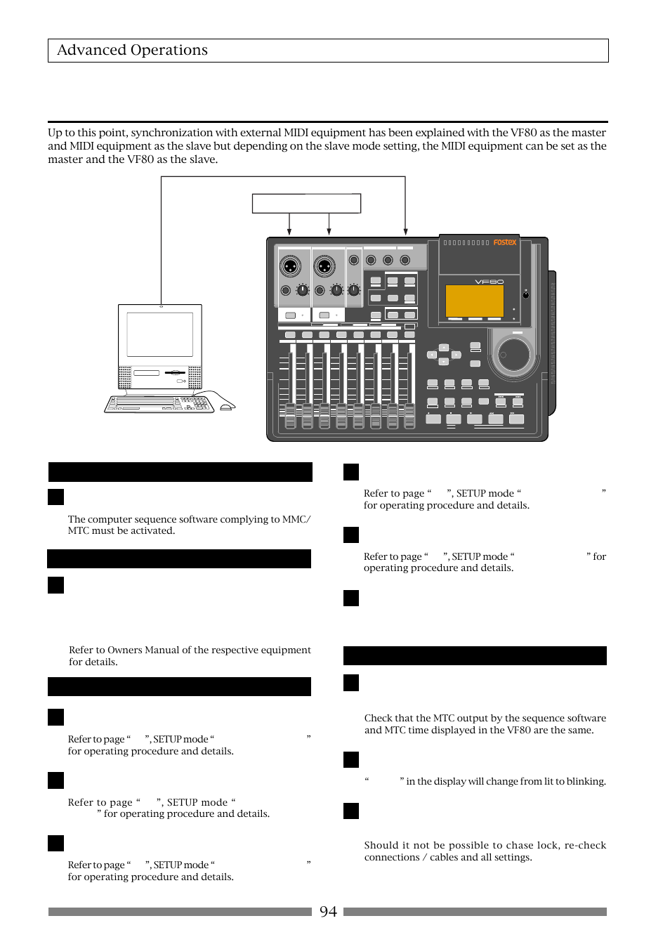 94 advanced operations, Setup of the vf80, Confirming chase lock | Sequence software is setup as follows, Sound source | Fostex VF80 User Manual | Page 94 / 144