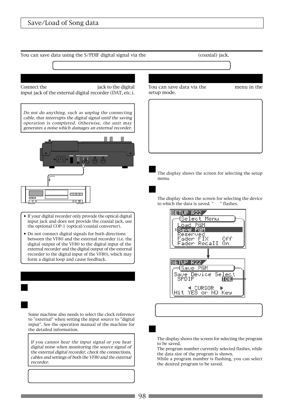 Saving data using the s/pdif digital signal, 98 save/load of song data, Connecting to an external digital recorder | Setting the external recorder, Saving data, Vf80 | Fostex VF80 User Manual | Page 98 / 144