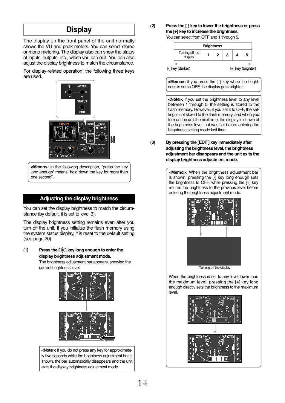Display, Adjusting the display brightness | Fostex FM-3 User Manual | Page 14 / 27