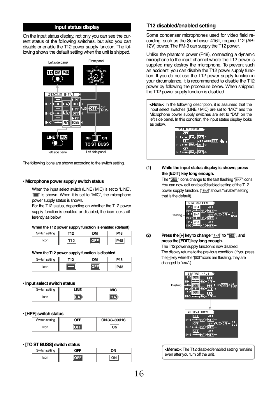 T12 disabled/enabled setting, Input status display | Fostex FM-3 User Manual | Page 16 / 27