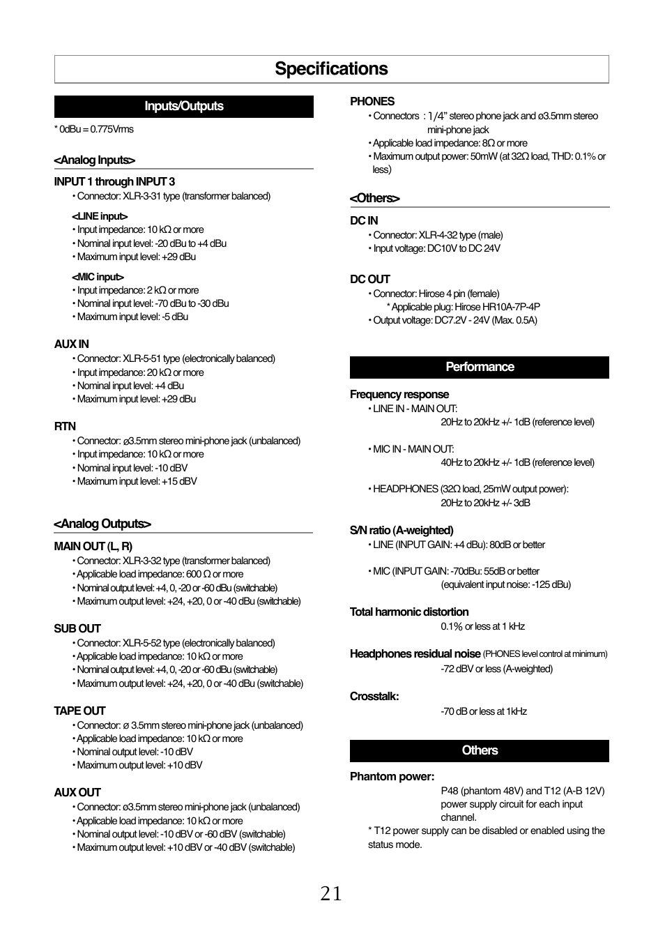 Specifications, Others, Analog outputs | Inputs/outputs, Performance others | Fostex FM-3 User Manual | Page 21 / 27