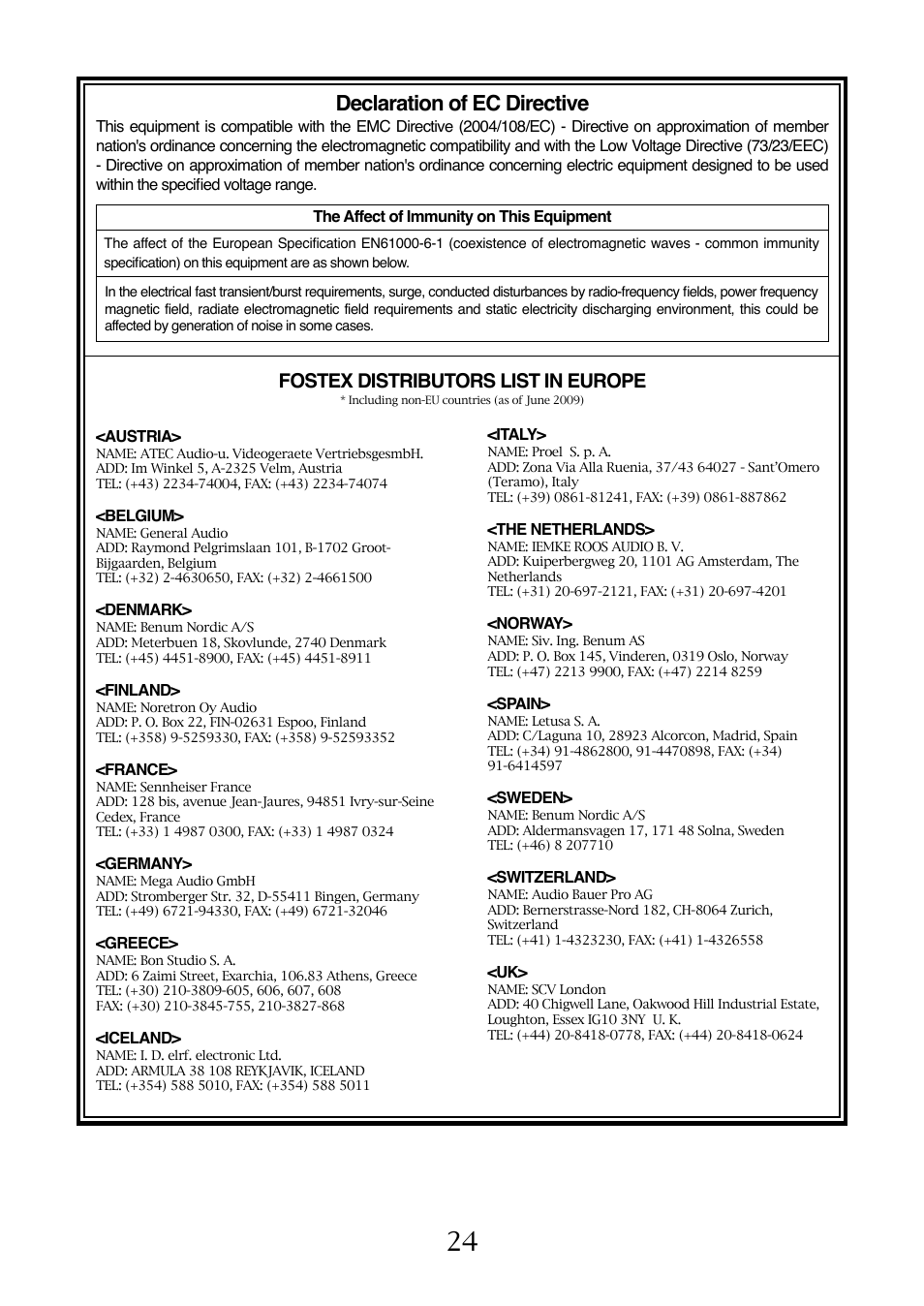 Declaration of ec directive, Fostex distributors list in europe | Fostex FM-3 User Manual | Page 24 / 27