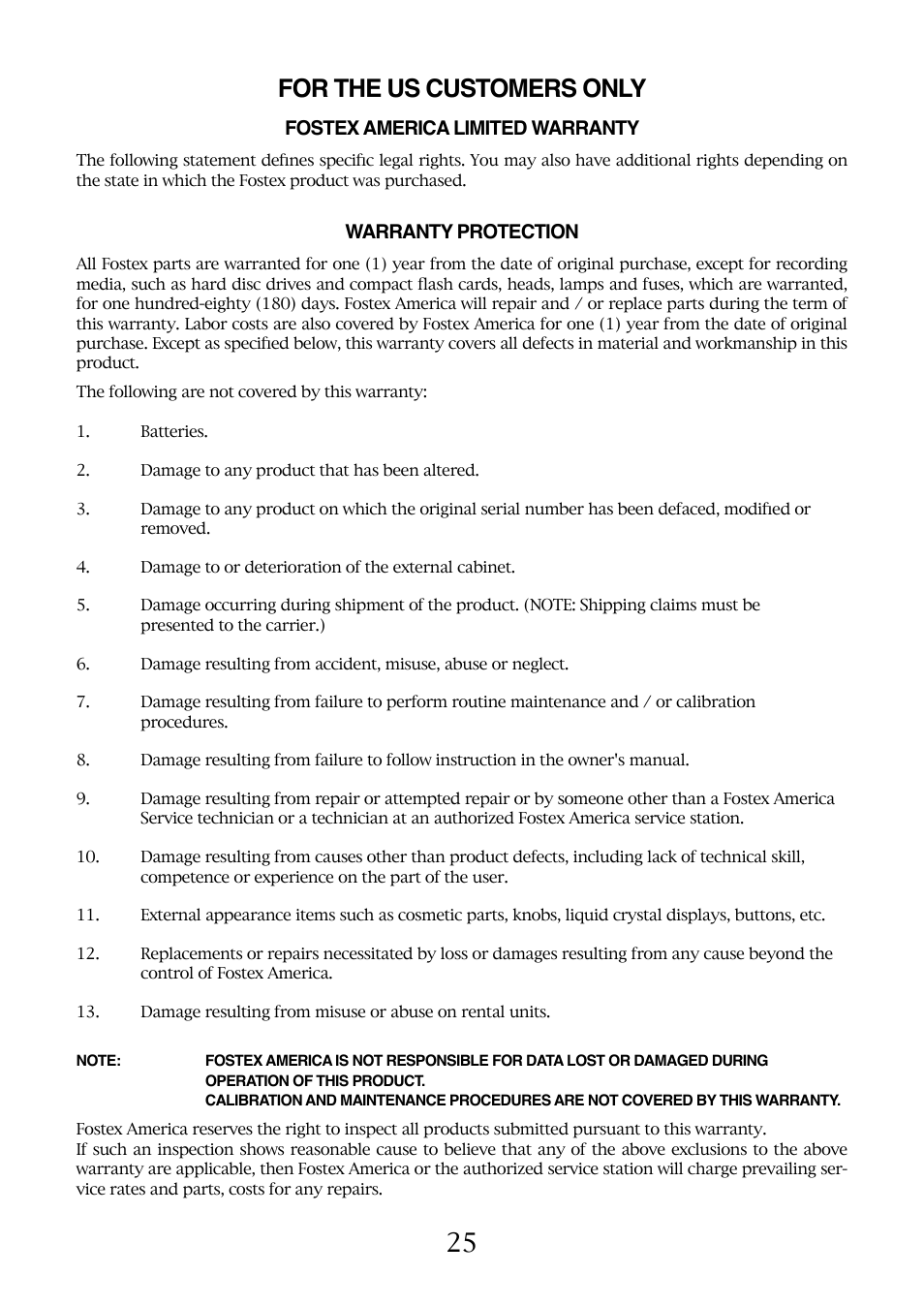 25 for the us customers only, Fostex america limited warranty, Warranty protection | Fostex FM-3 User Manual | Page 25 / 27