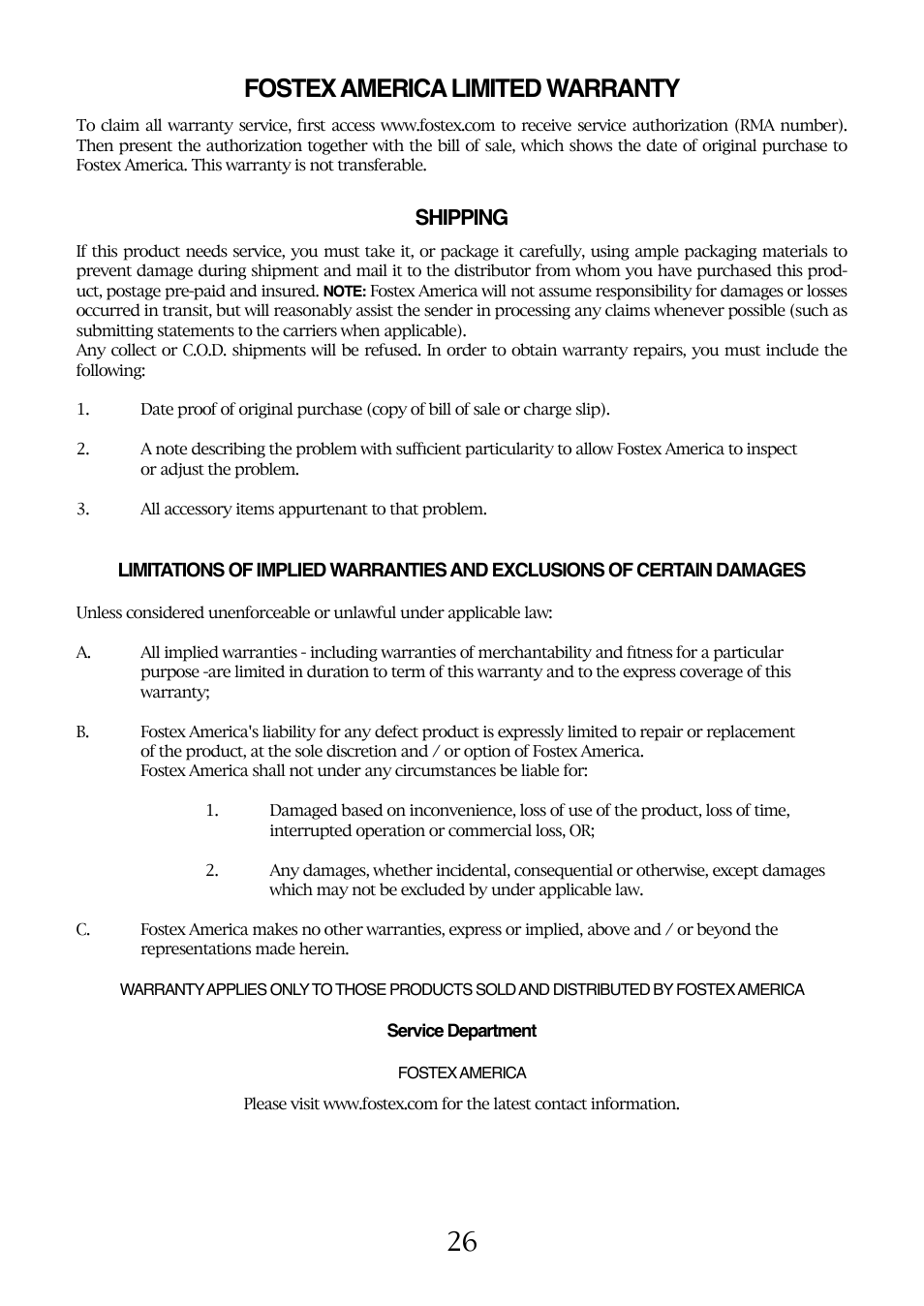26 fostex america limited warranty, Shipping | Fostex FM-3 User Manual | Page 26 / 27