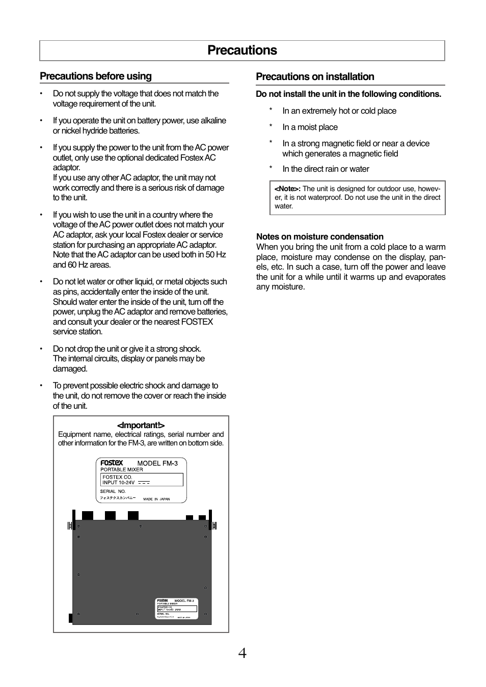 Precautions | Fostex FM-3 User Manual | Page 4 / 27