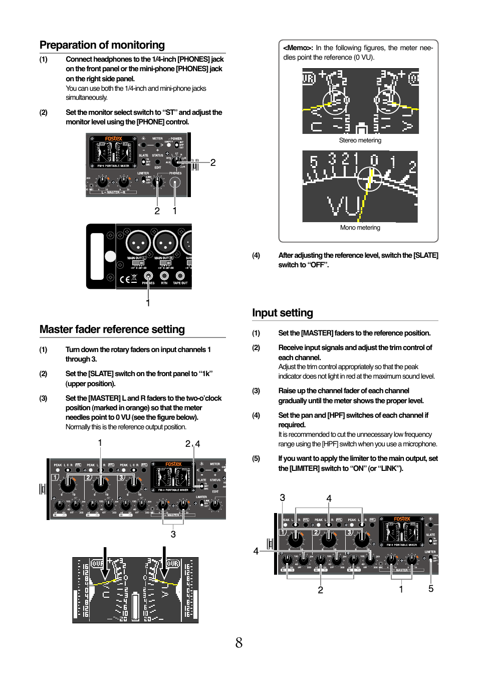 Preparation of monitoring, Master fader reference setting, Input setting | Fostex FM-3 User Manual | Page 8 / 27