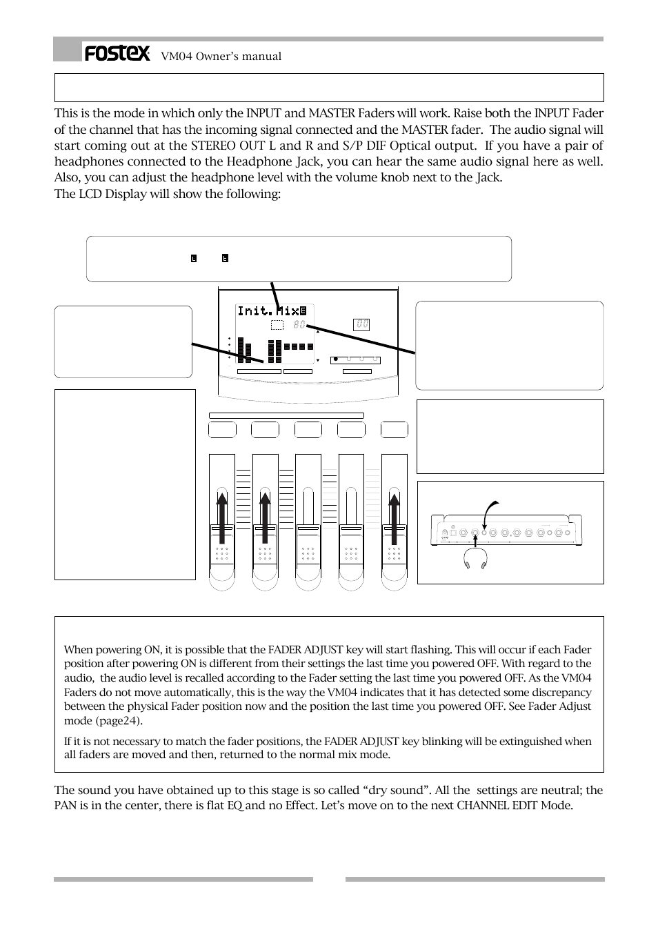 Normal mix mode, Level display, Master fader display | Useful info, Caution, Vm04 owner’s manual, Min max, Adjusts the volume level of the headphones, Monitor headphone | Fostex VM04 User Manual | Page 14 / 27