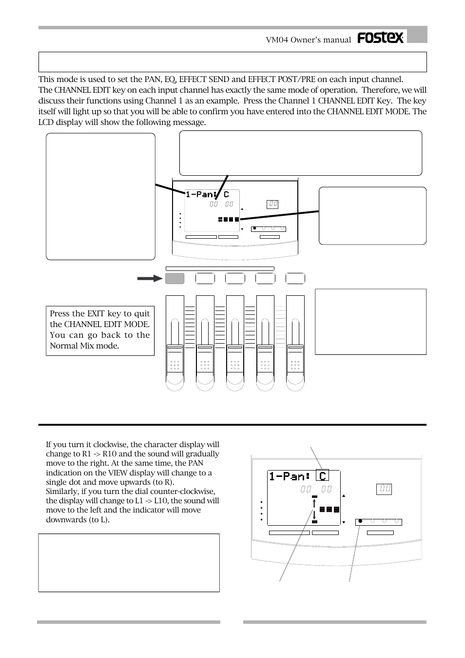 Channel edit mode, 1. pan setting, Useful info | Channel fader display, View display, Rotate the data encoder, Vm04 owner’s manual | Fostex VM04 User Manual | Page 15 / 27