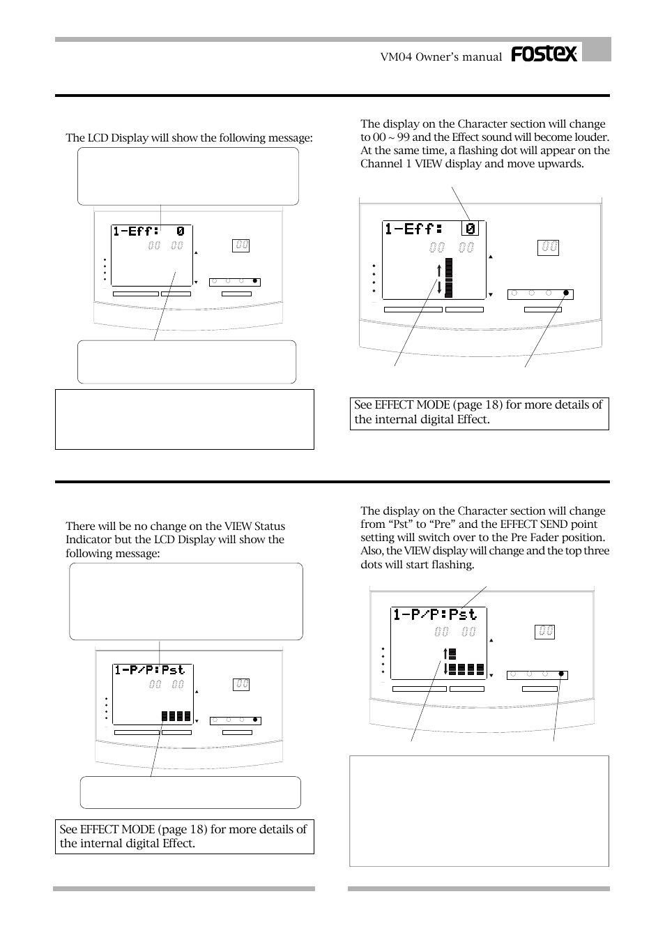 4. effect send setting, 5. effect post/pre setting, View display | Rotate the data encoder clockwise, Useful info, Vm04 owner’s manual, The lcd display will show the following message, The bottom three dots will flash on the bar-graph | Fostex VM04 User Manual | Page 17 / 27