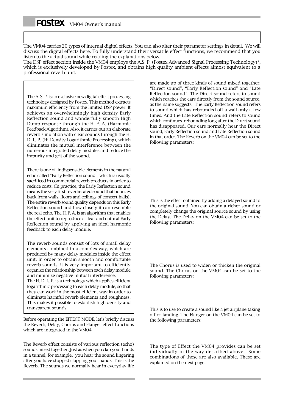 Effect mode, Reverb, Delay | Chorus, Flanger | Fostex VM04 User Manual | Page 18 / 27