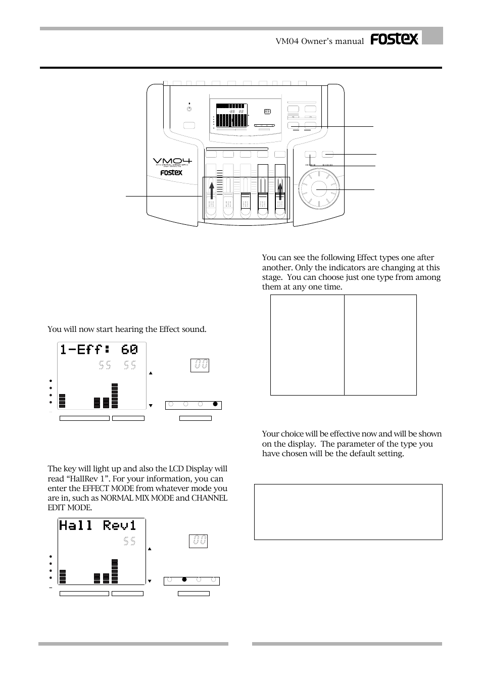 1. effect type setting, Rotate the data encoder clockwise, Vm04 owner’s manual | You will now start hearing the effect sound | Fostex VM04 User Manual | Page 19 / 27