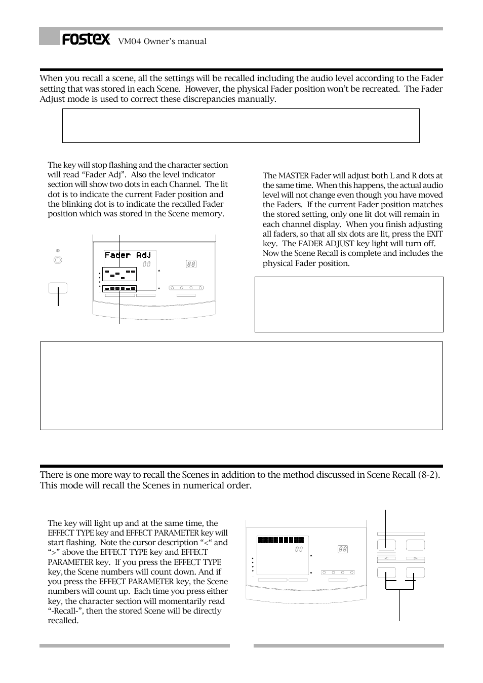 4. scene direct recall, 3. fader adjust mode, Useful info | Level adjust mode, Caution, Press the flashing fader adjust key, Vm04 owner’s manual, Lights up blinking, Lights up | Fostex VM04 User Manual | Page 24 / 27