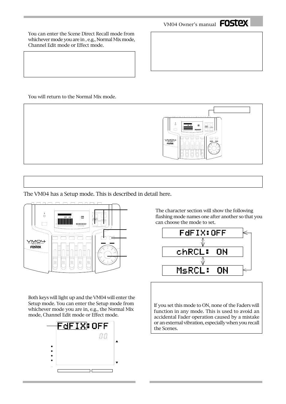 Setup mode, Fader fix (fdfix), Caution | Useful info, Rotate the data encoder, Vm04 owner’s manual, You will return to the normal mix mode, Channel edit, Blink | Fostex VM04 User Manual | Page 25 / 27