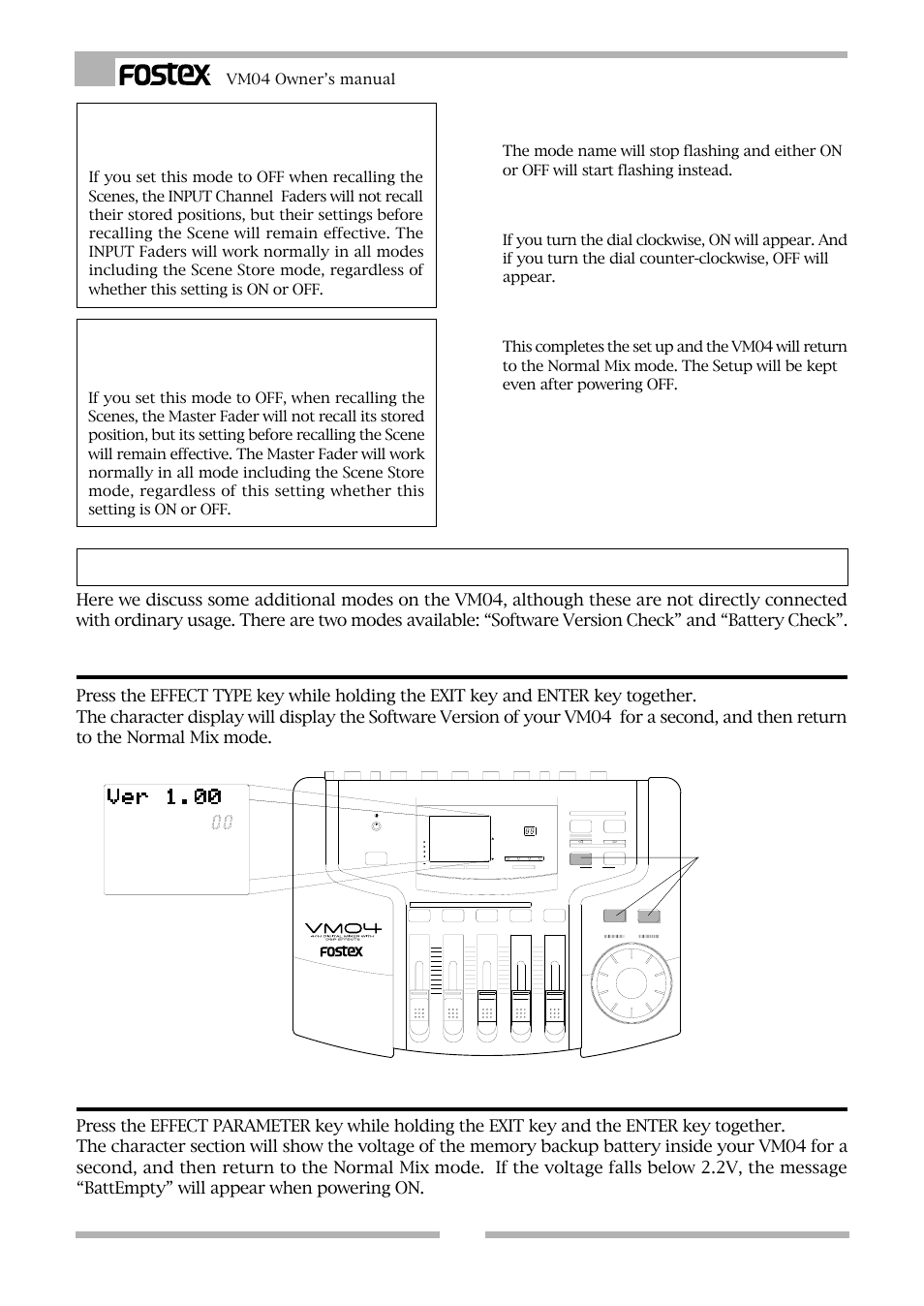 Other modes, 2. battery check, 1. software version check | Channel fader recall (chrcl), Master fader recall (msrcl), Vm04 owner’s manual | Fostex VM04 User Manual | Page 26 / 27